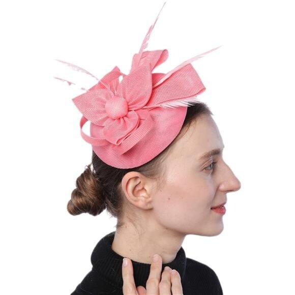 Women's Fascinator Hat Fake Sinamay Feather Tea Party Pillbox Flower Derby - Picture 1 of 7